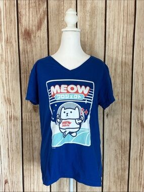Live and Tell Apparel Bright Blue MEOW Graphic V-Neck Jogging Cat Tee